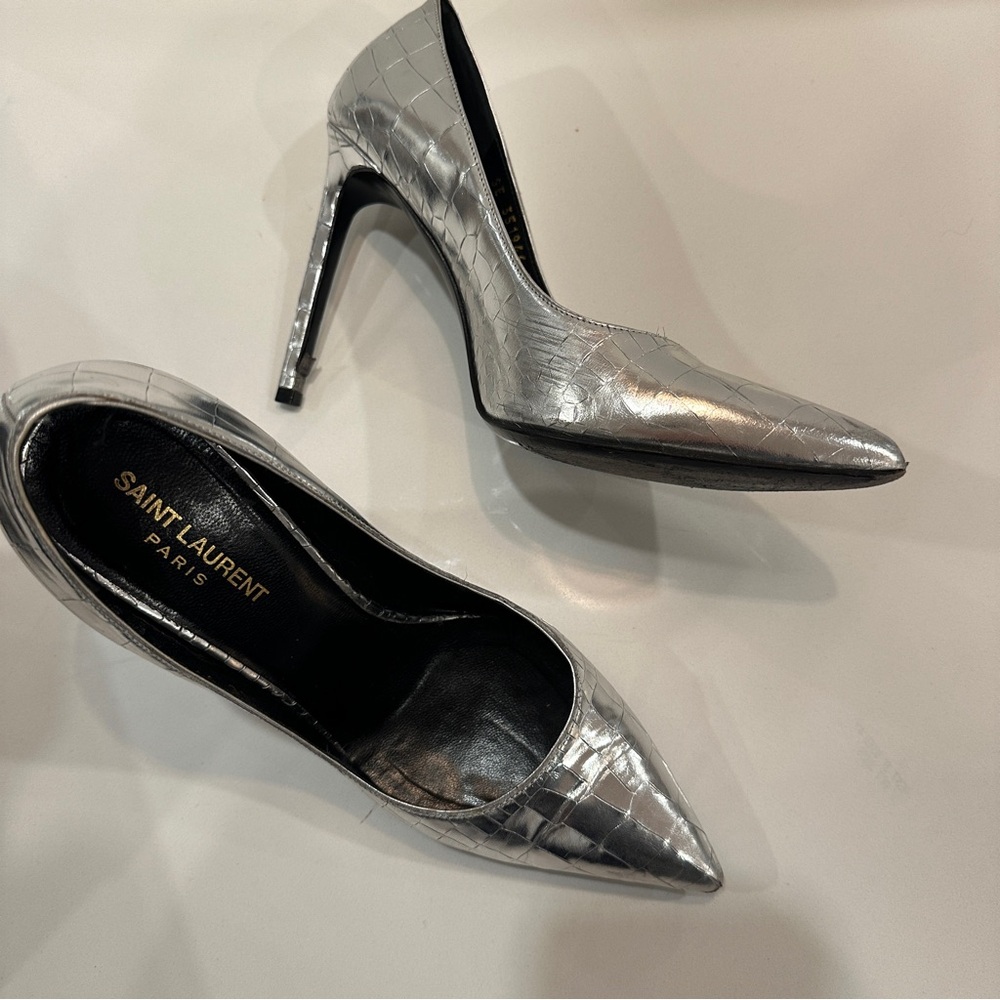 Yves Saint Laurent Paris Stiletto Pumps Sz 39 Silver Metallic Heels Texture - Picture 2 of 16